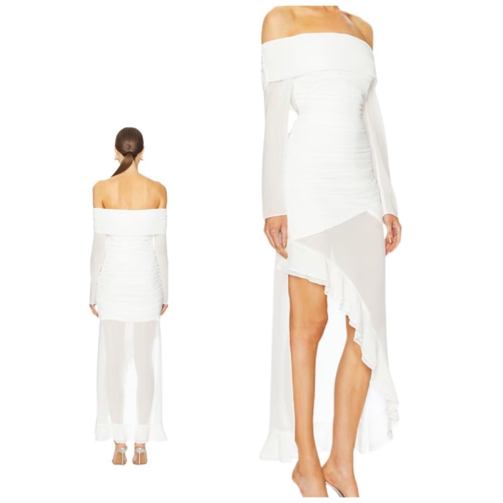 Line & Dot x REVOLVE Ruched Owens Midi Dress White Small Long Sleeve Bridal